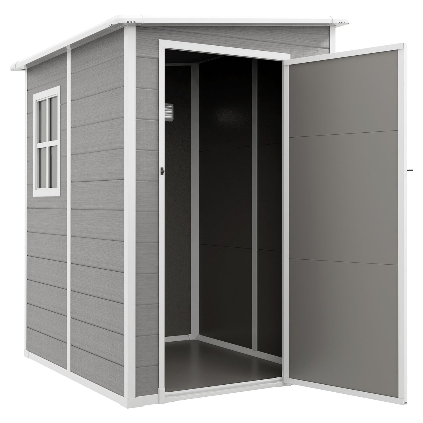 Aluminum tool shed with roof and lockable door, gray
