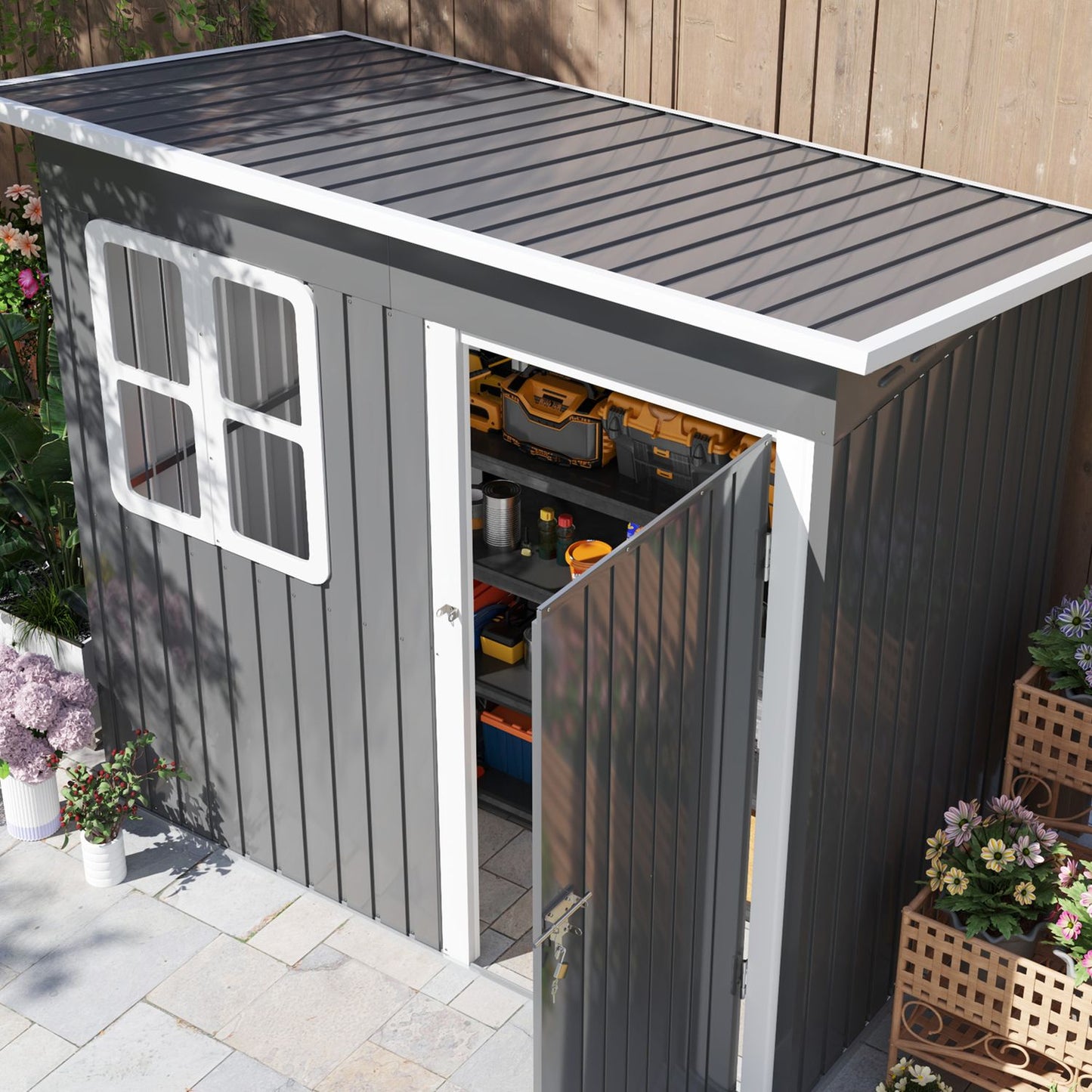 Steel garden tool shed with roof, lockable door, 2.55 m²