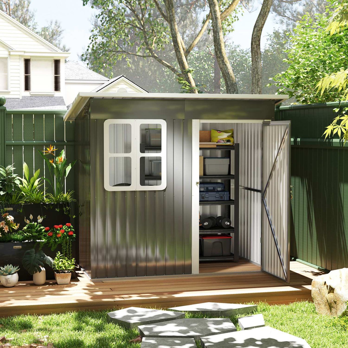 Steel garden tool shed with roof, lockable door, 2.55 m²
