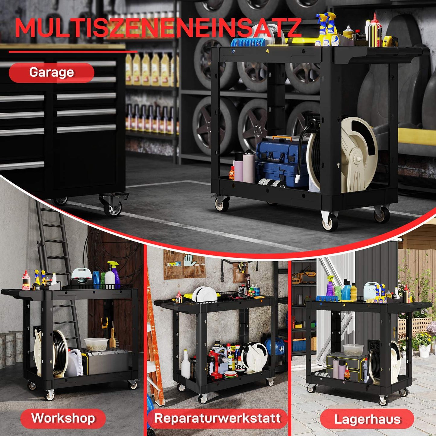 Tool Cart with 2-Tier Shelves, Handle & Wheels