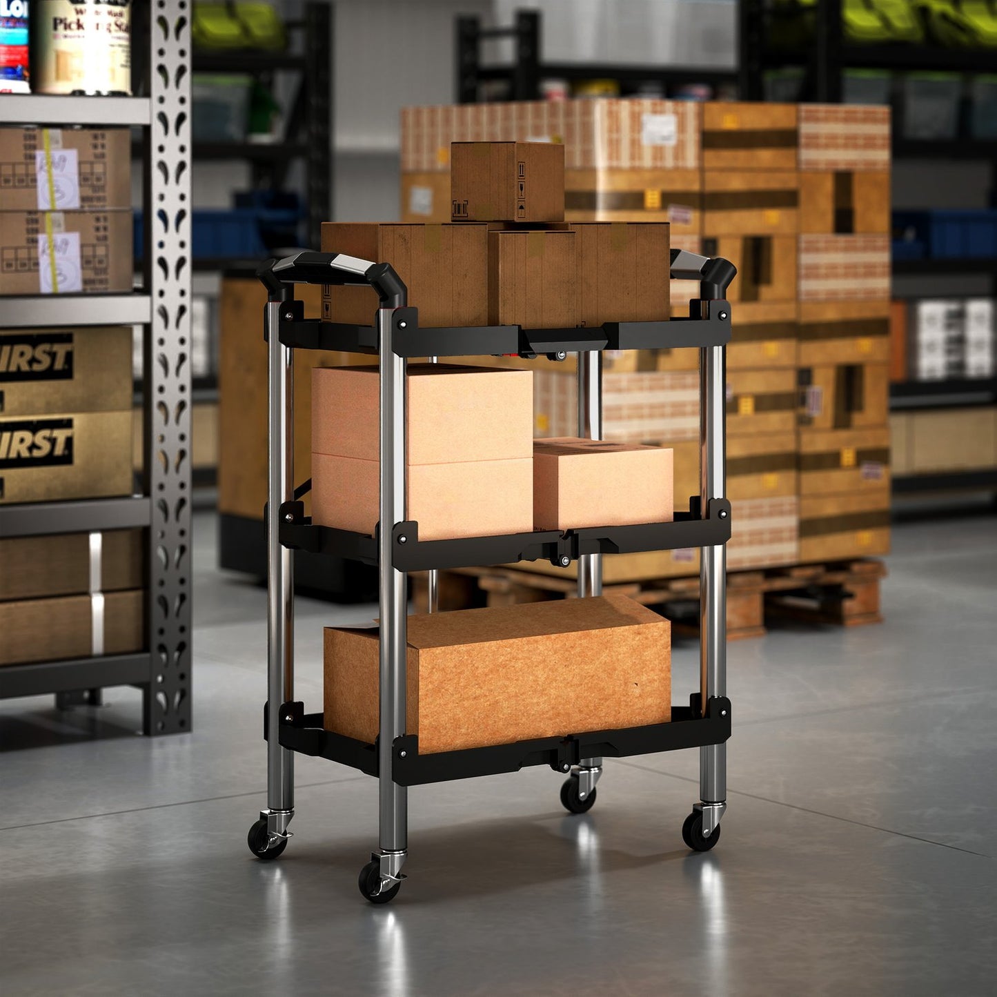 Tool trolley, foldable 3-tier tool cart, plastic, steel, black