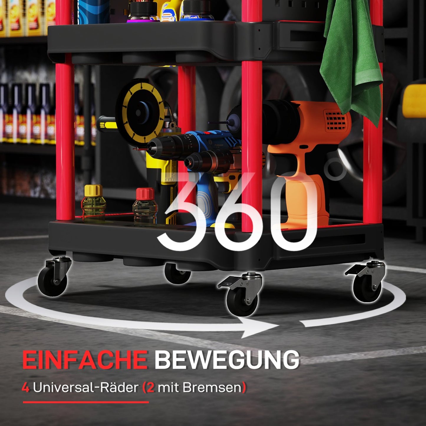 Tool Trolley, 3-Tier Shelves, 4 Wheels, Plastic, Red