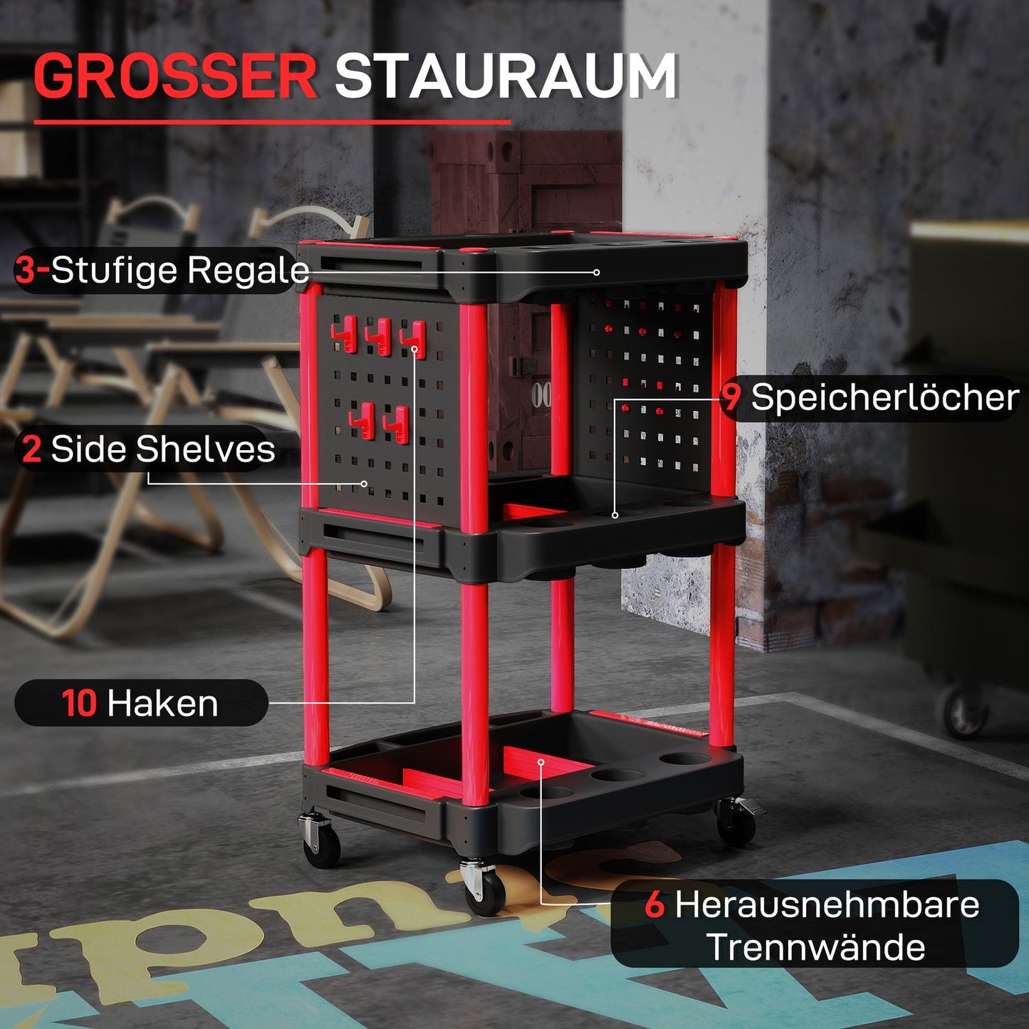 Tool Trolley, 3-Tier Shelves, 4 Wheels, Plastic, Red