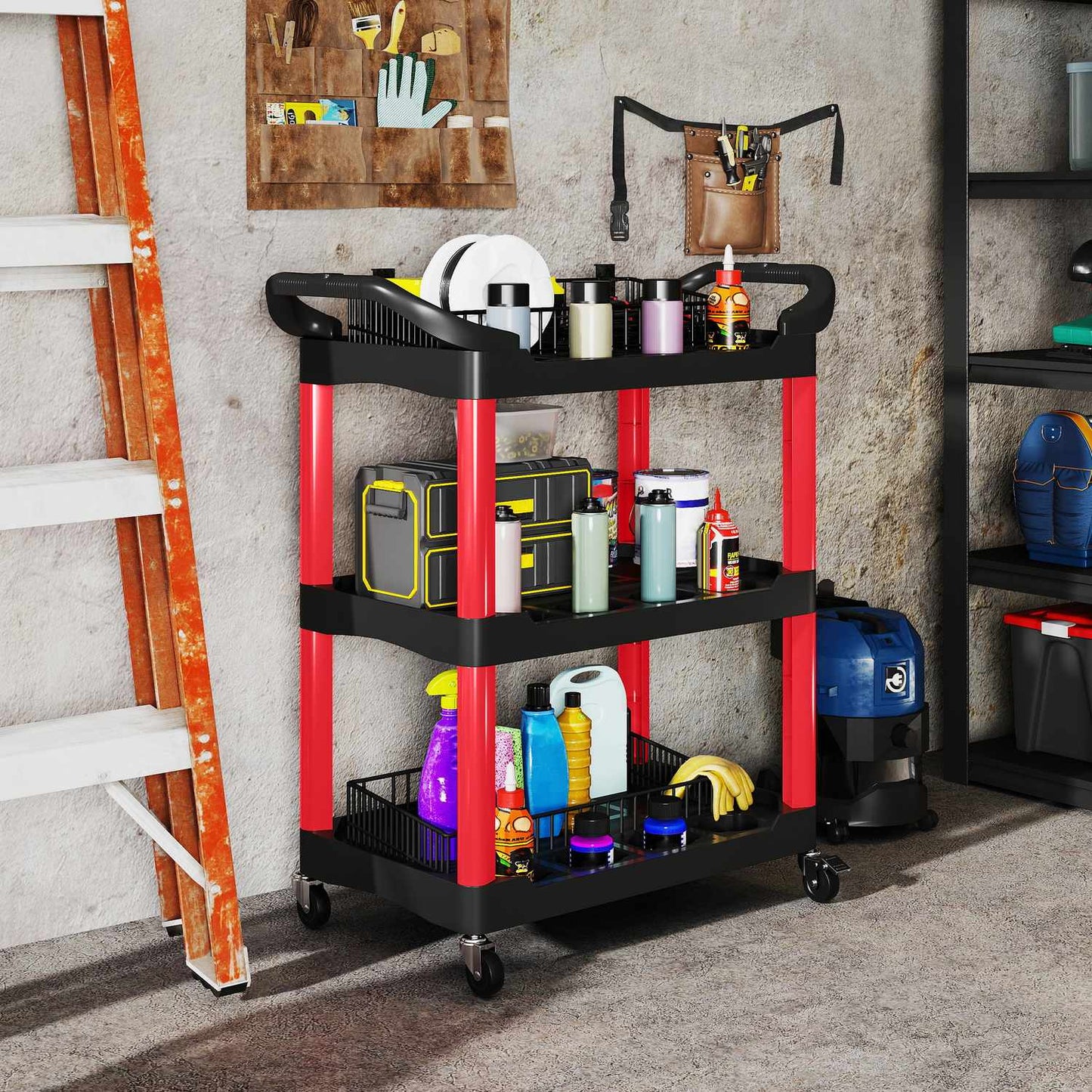 Tool trolley with 3 levels, side handles, wheels, plastic, red