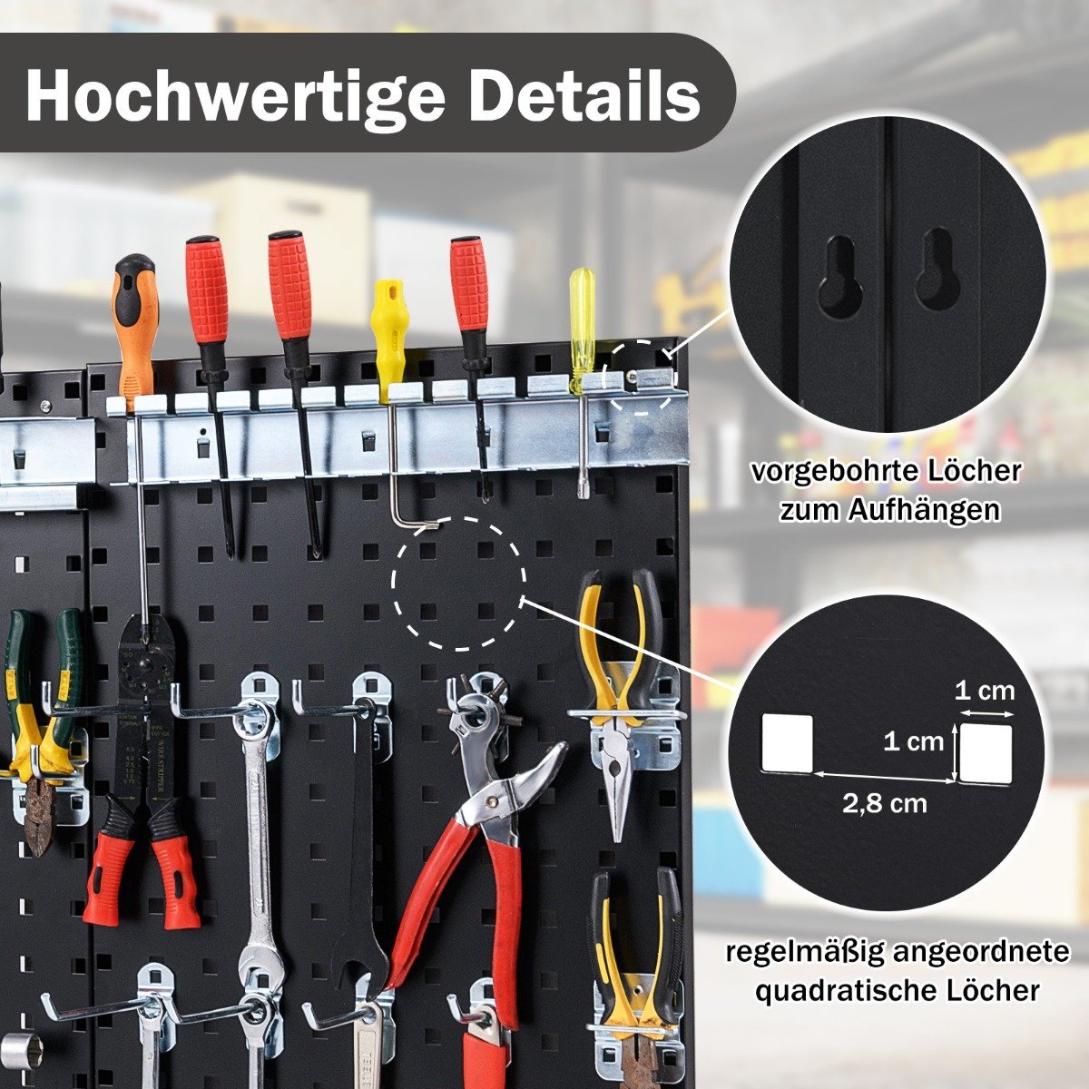 Tool wall tool perforated wall with 3 pegboards & 28 Piece Hanging Accessories Black