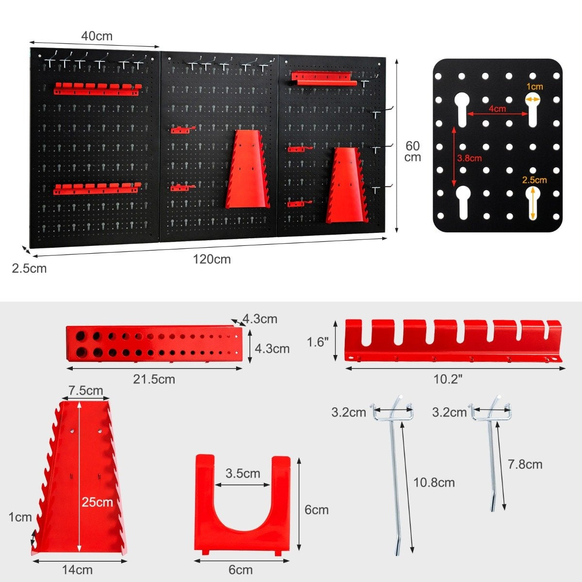 Tool wall with 25 hanging accessories storage system tool holder assortment 3 perforated panels 120 x 60 cm