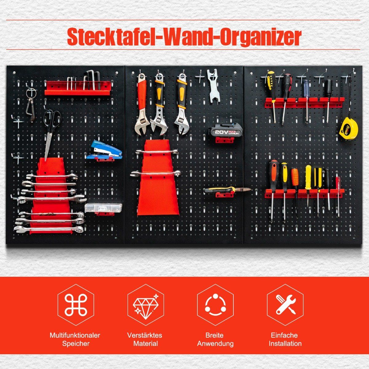 Tool wall with 25 hanging accessories storage system tool holder assortment 3 perforated panels 120 x 60 cm