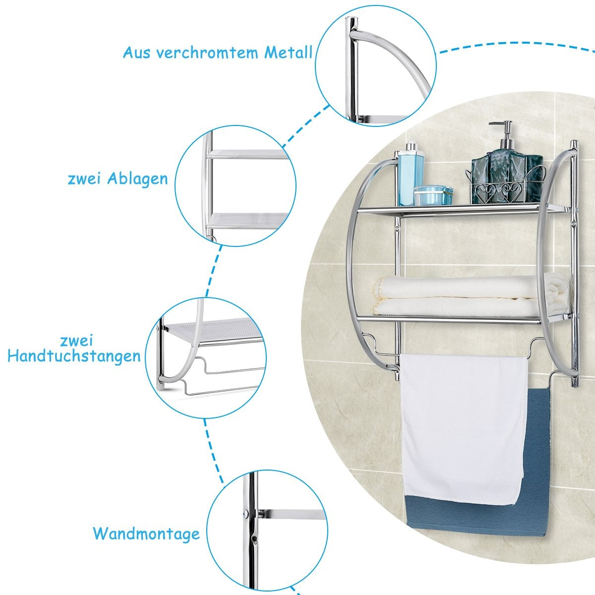 Towel rack bathroom wall towel rack bathroom shelf silver 45 x 25.5 x 55 cm metal