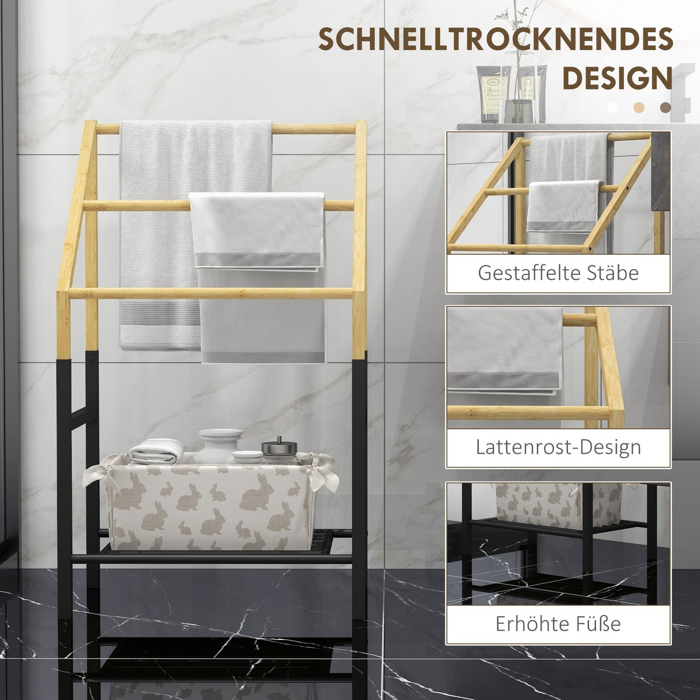 Towel rail, freestanding, 3 bars, 51x31x85.5cm, black/natural wood