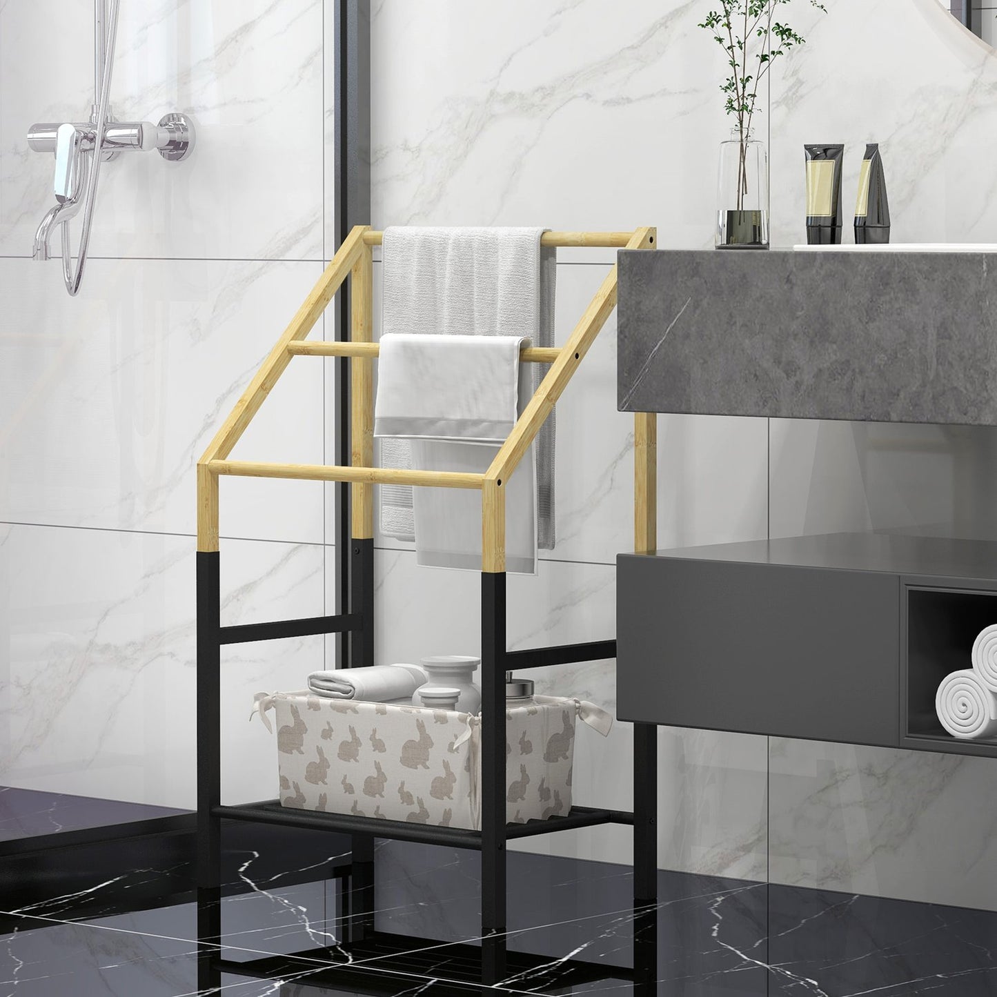 Towel rail, freestanding, 3 bars, 51x31x85.5cm, black/natural wood