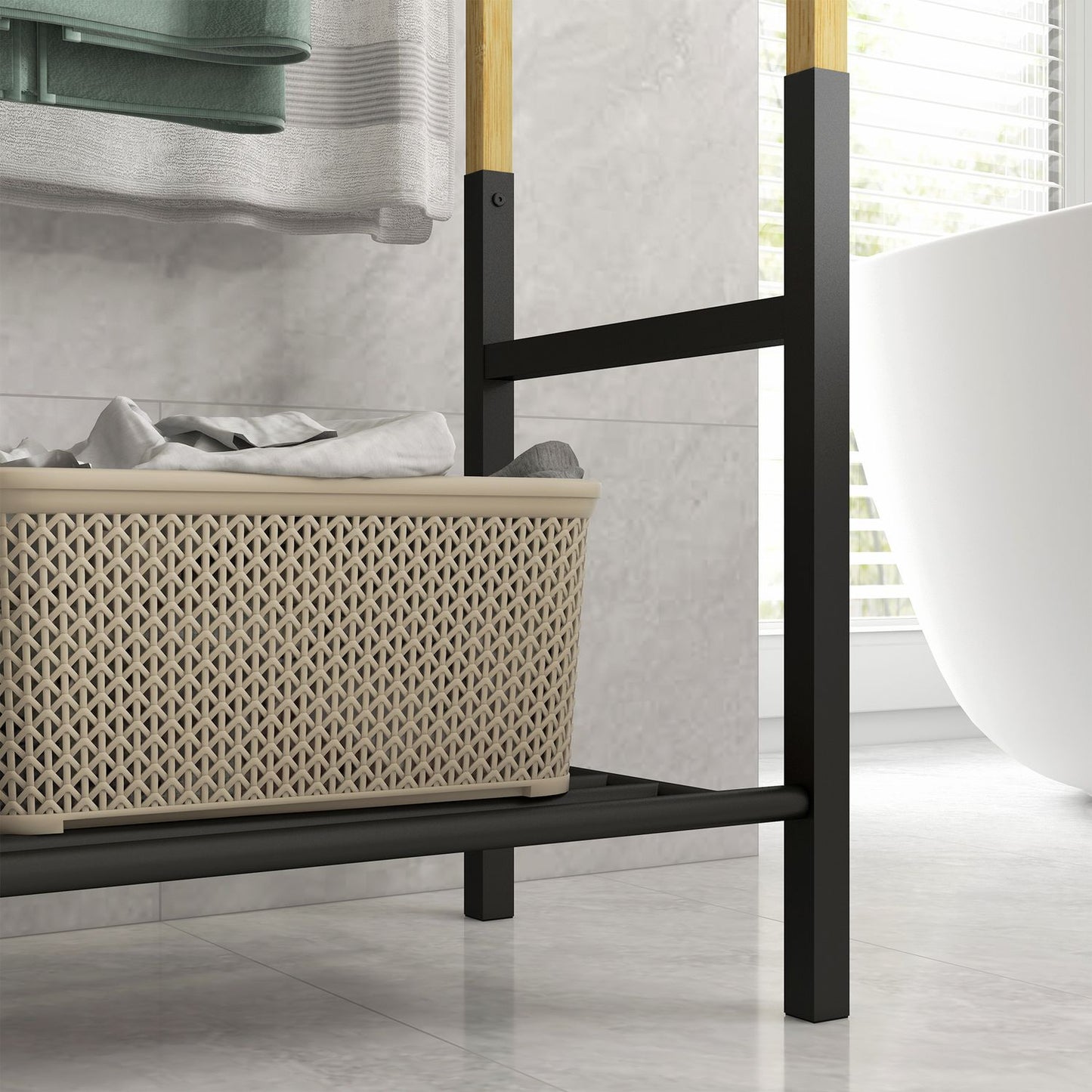 Towel rail, freestanding, 3 bars, 51x31x85.5cm, black/natural wood