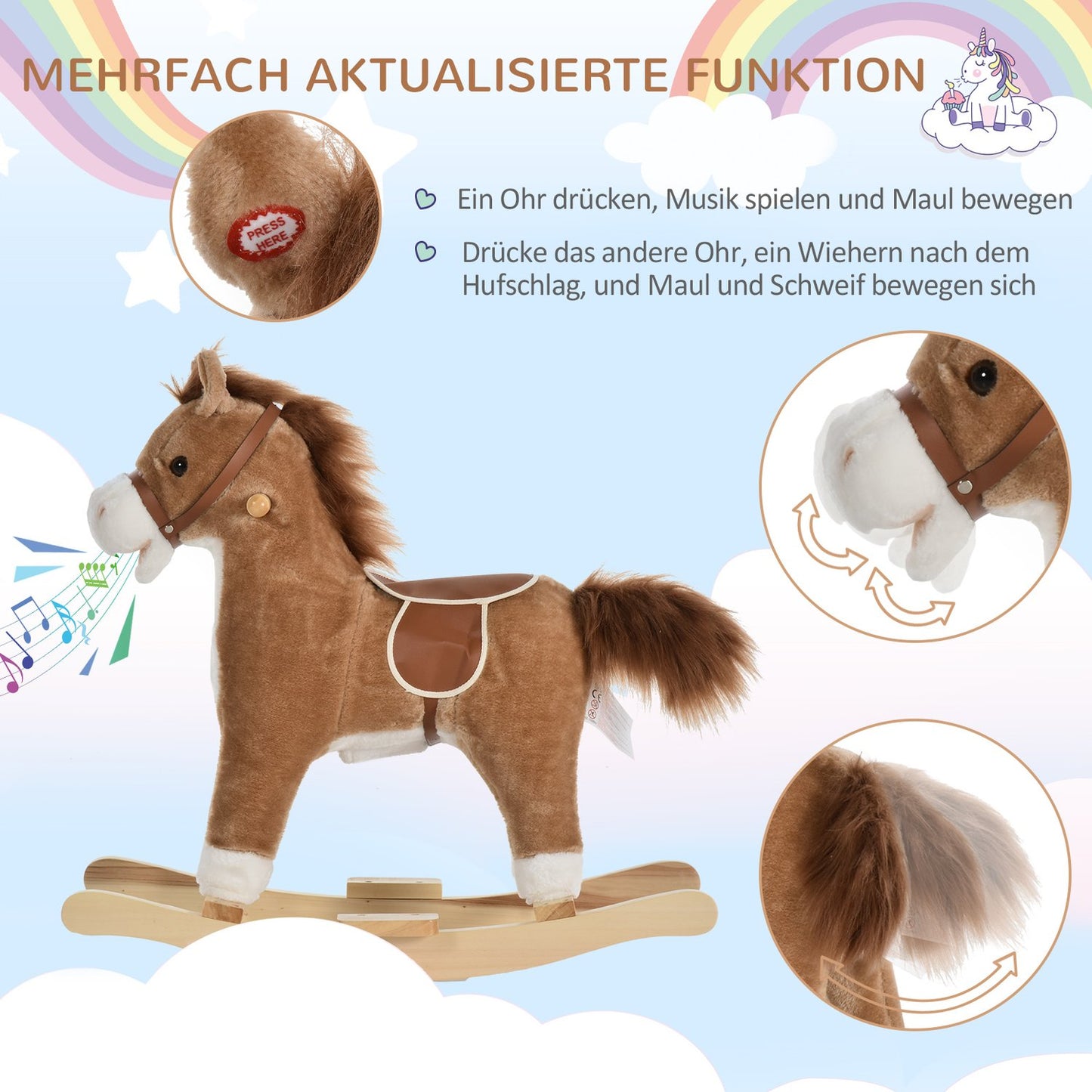 Plush rocking horse with sound, handle for ages 3-6