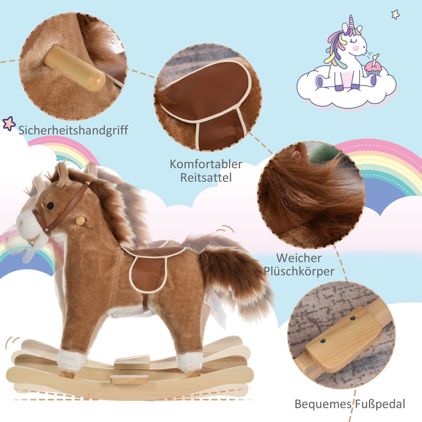 Plush rocking horse with sound, handle for ages 3-6