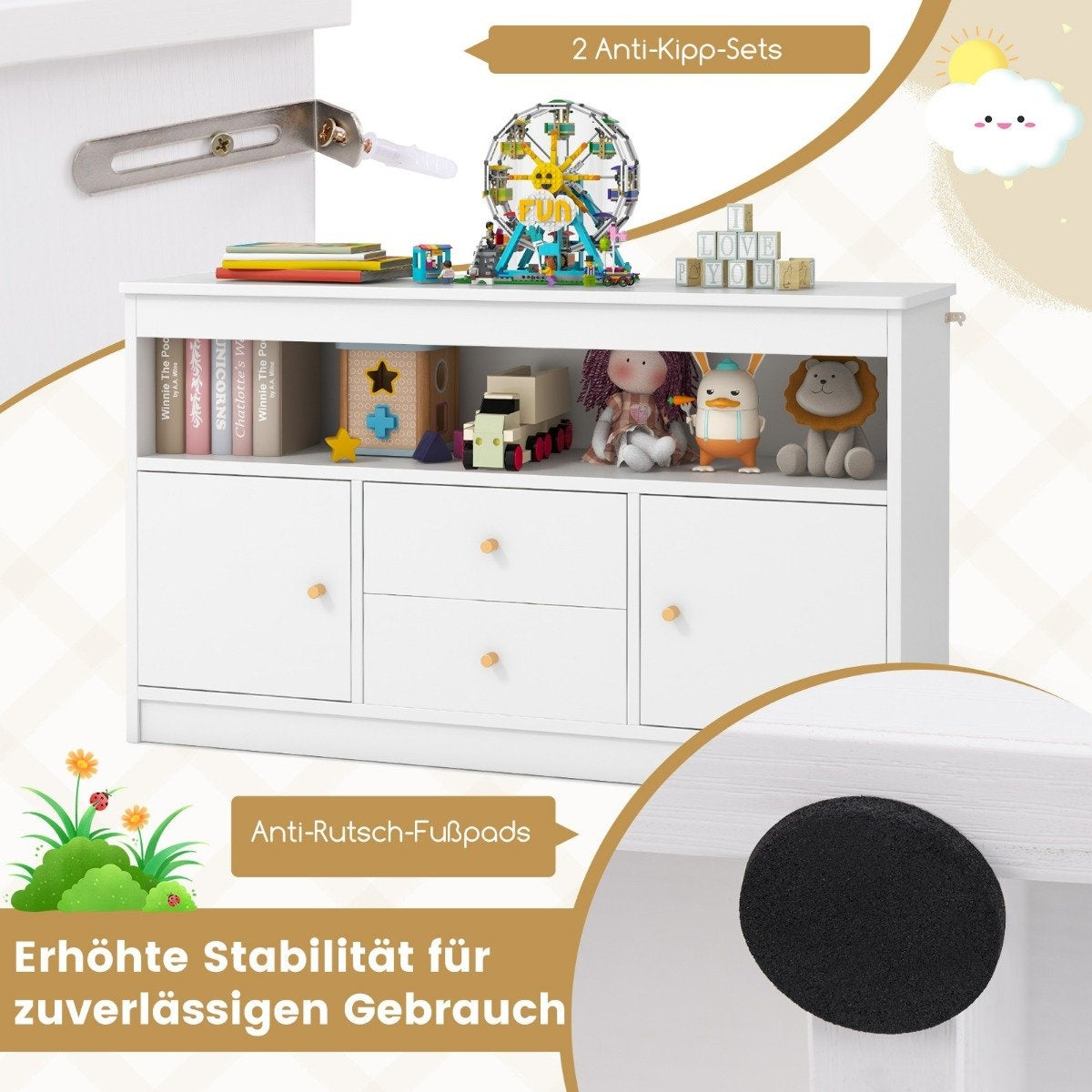 Toy cupboard children's children's shelf made of wood children's cupboard with 2 drawers and 2 doors 106 x 30 x 62 cm white