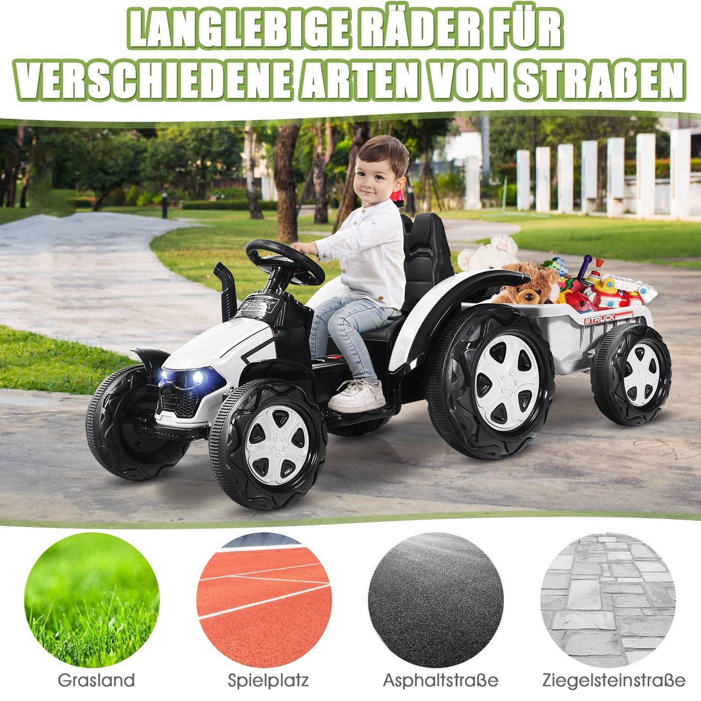 Toy tractor with trailer for children 12V ride-on tractor 151 x 68 x 70 cm white