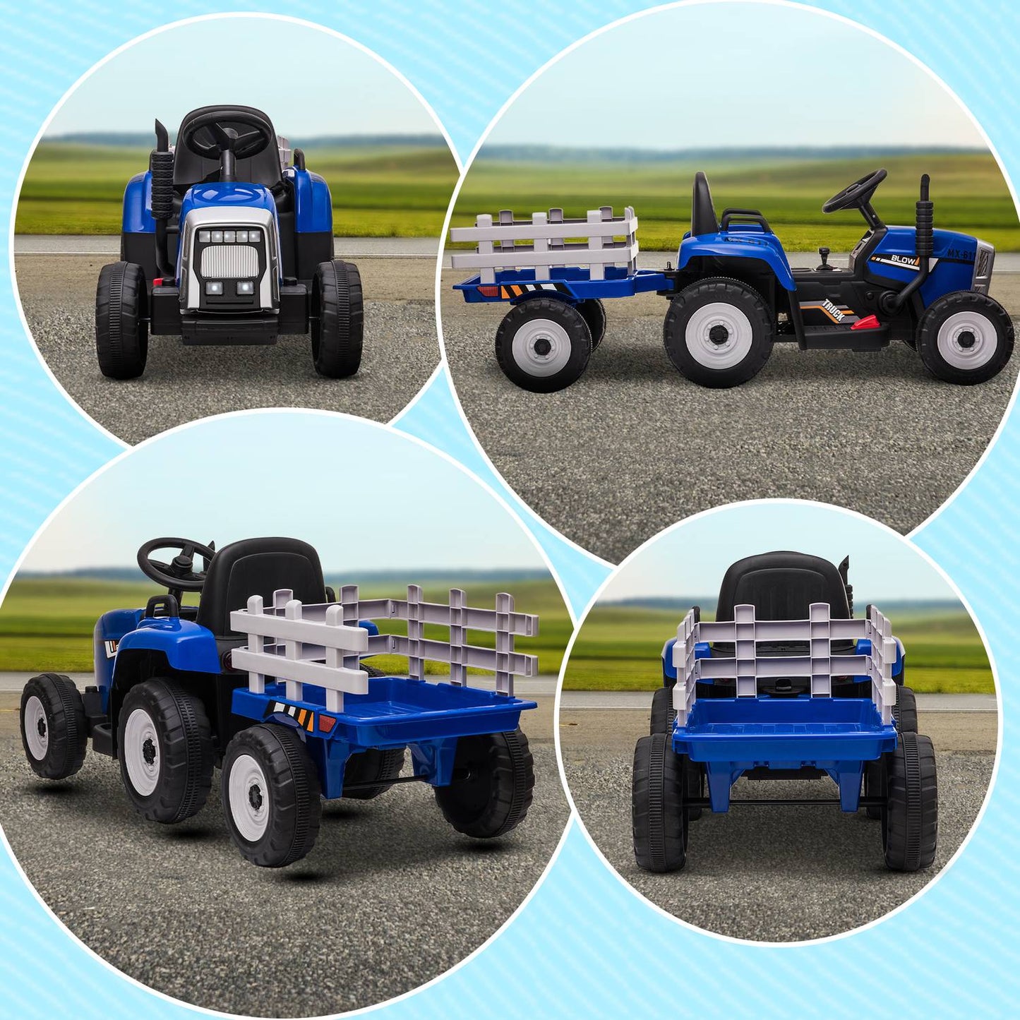 Ride-on tractor for children with remote control, MP3, headlights, blue