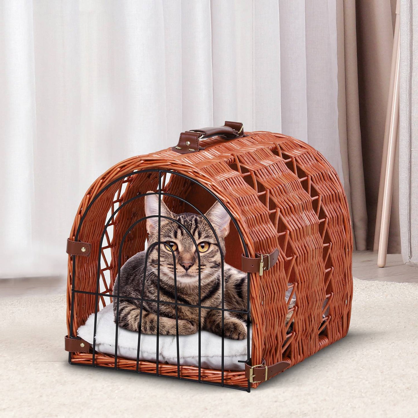 Pet transport basket, wicker with cushion and metal grid, brown