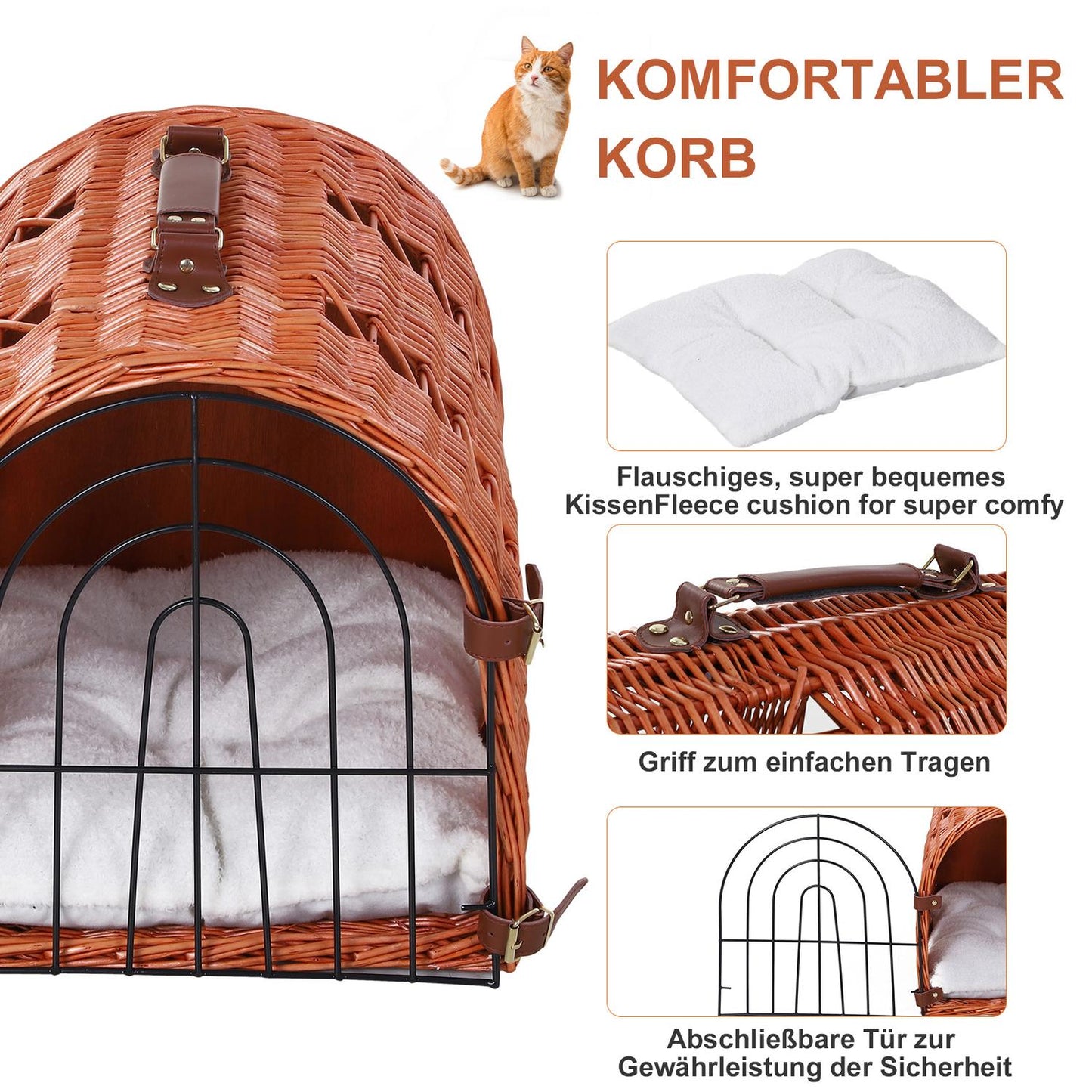 Pet transport basket, wicker with cushion and metal grid, brown