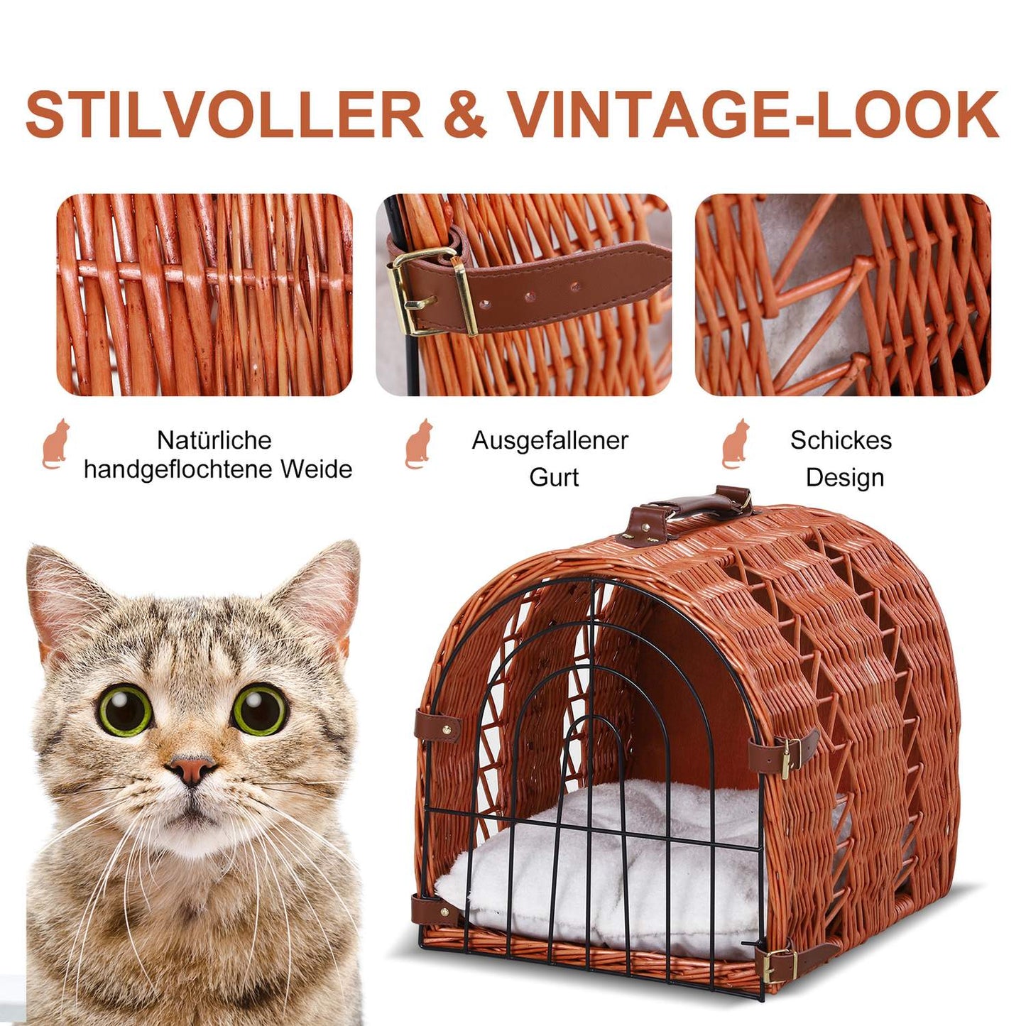 Pet transport basket, wicker with cushion and metal grid, brown