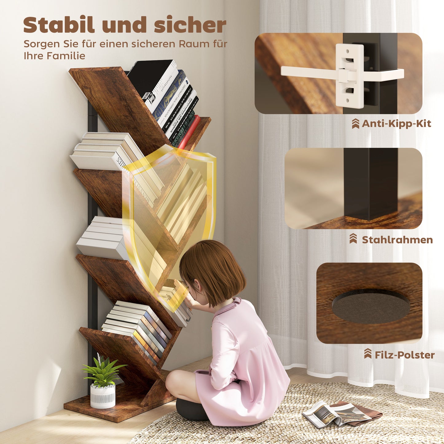 Tree-Shaped Bookshelf, 7-Tier, Rustic Brown, Space-Saving