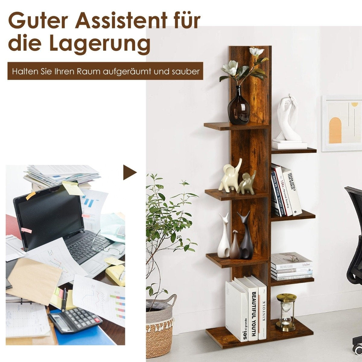 Tree-shaped bookcase with 8 shelves, free-standing shelf, office shelf, 50 x 20 x 141 cm, brown