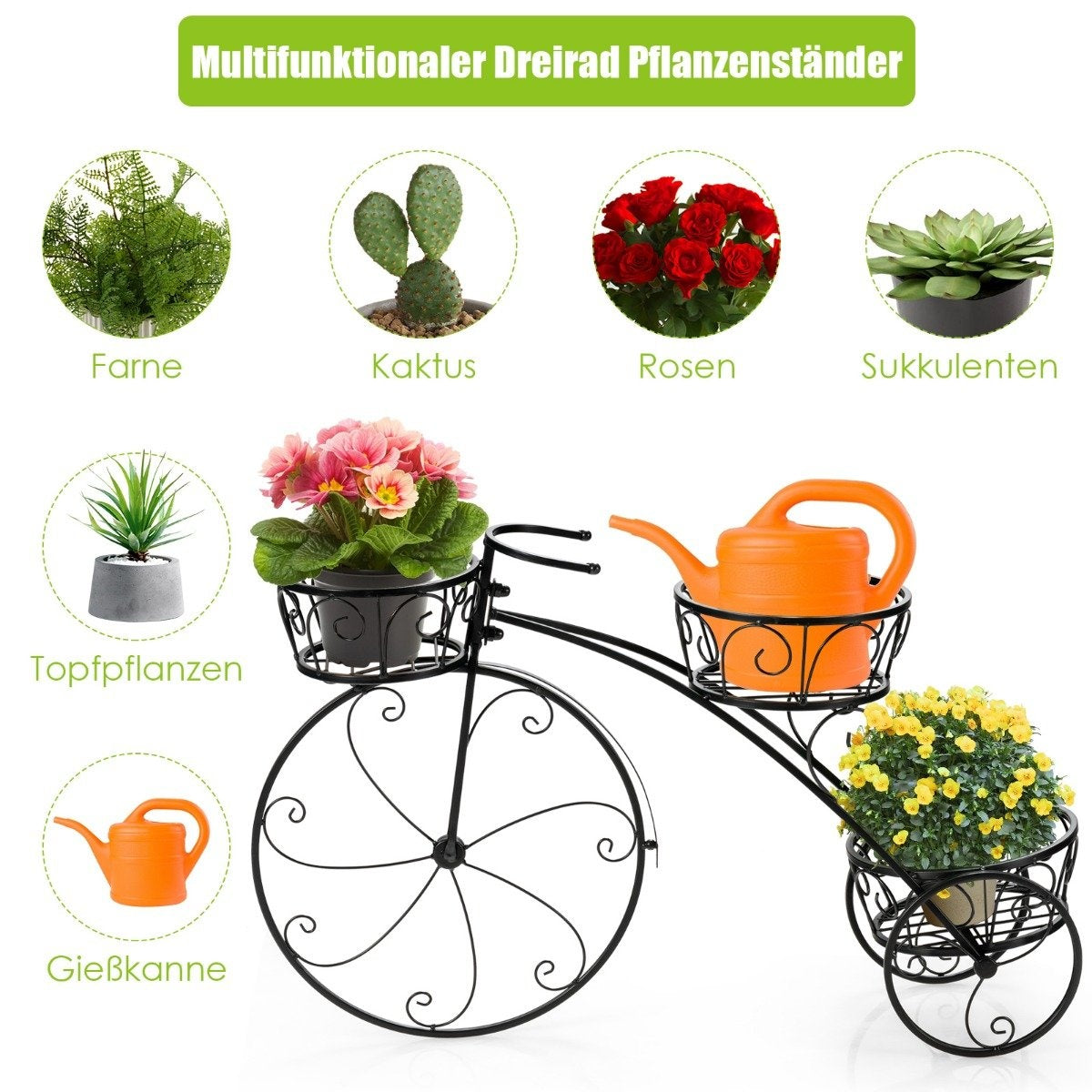 Tricycle Plant Stand Parisian Style Bicycle Plant Holder 80 x 52 cm Black