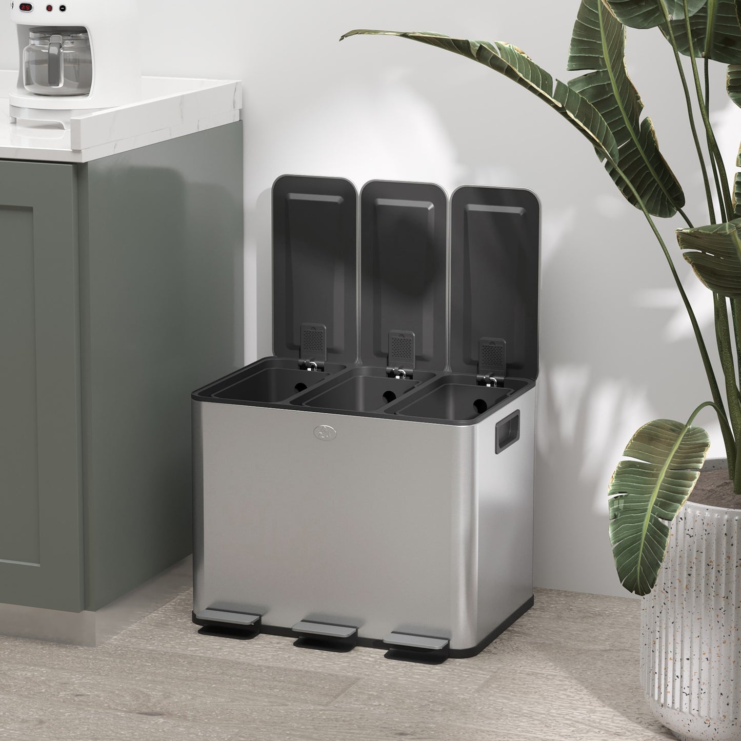 Triple Compartment Stainless Steel Kitchen Bin, 3 x 20L