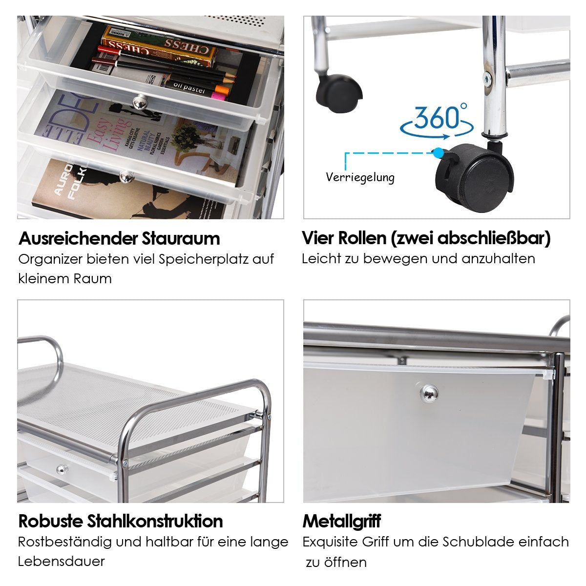 Trolley with 15 stackable drawers Roll container side trolley with 15 drawers Colored/Black 63 x 37 x 87 cm-Transparent