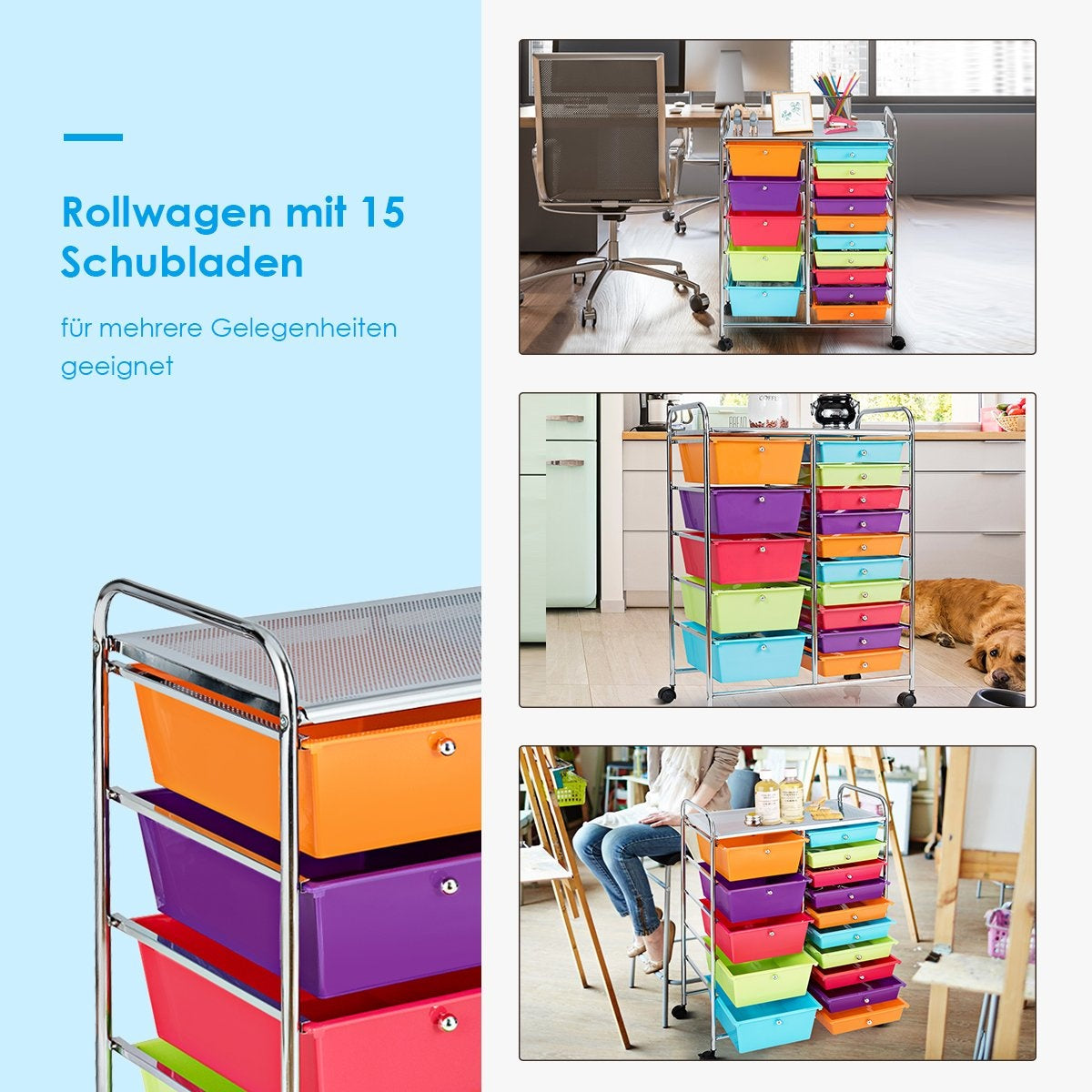 Trolley with 15 stackable drawers, rolling container, side trolley, colorful/yellow, 62.5 x 37 x 87 cm, colorful