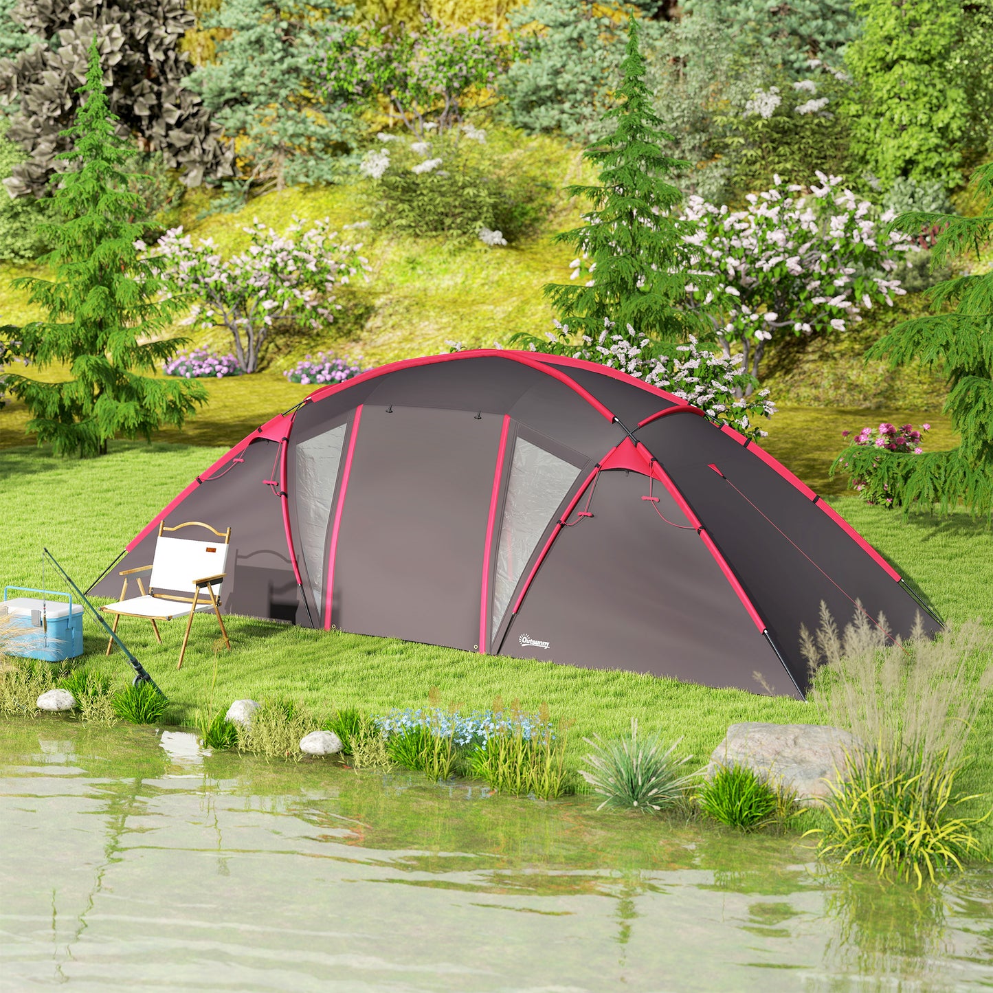 Tunnel tent, camping tent for 4-6 people, with 3 rooms, light hooks, double doors, grey