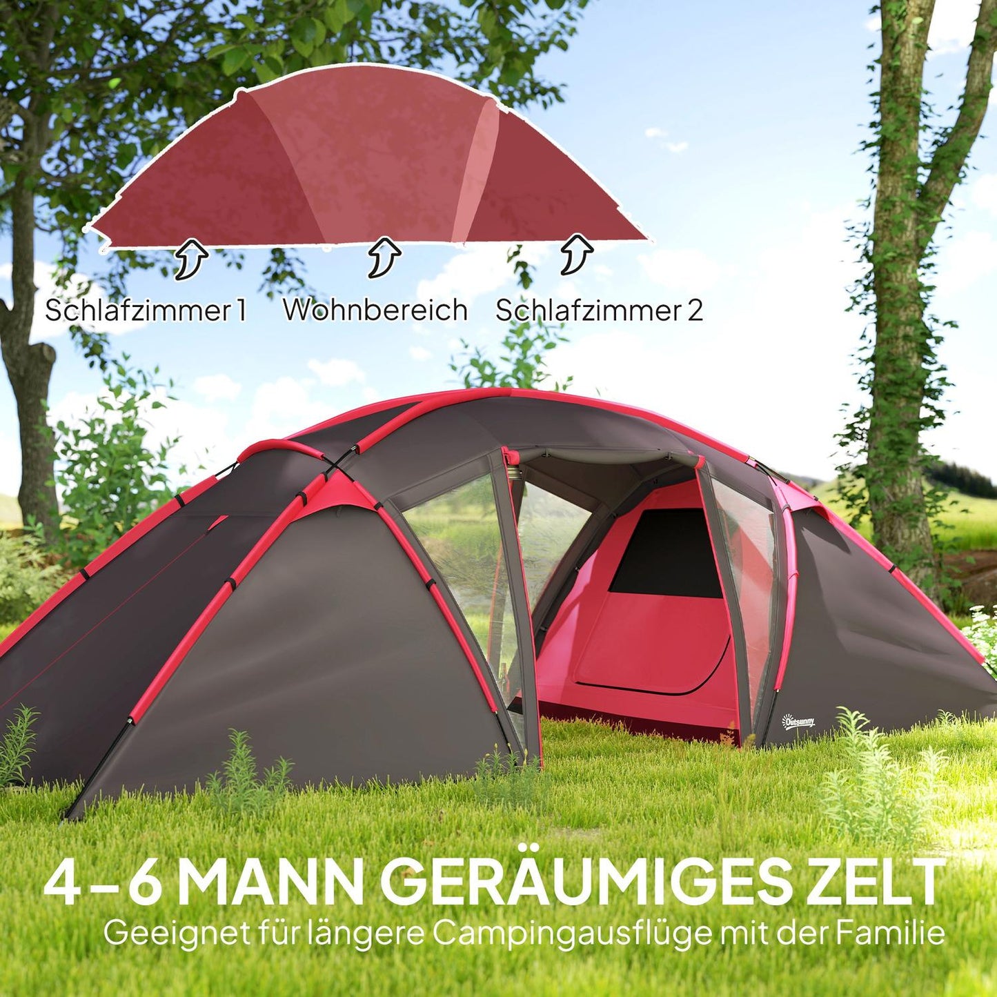 Tunnel tent, camping tent for 4-6 people, with 3 rooms, light hooks, double doors, grey