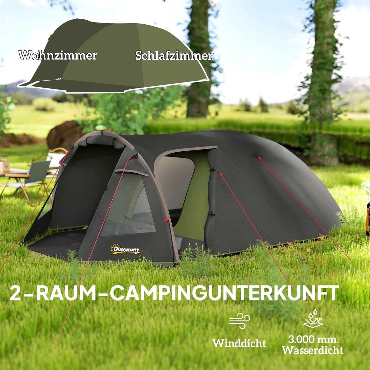 4-Person Tunnel Tent, Waterproof, UV 50+, Dual Doors