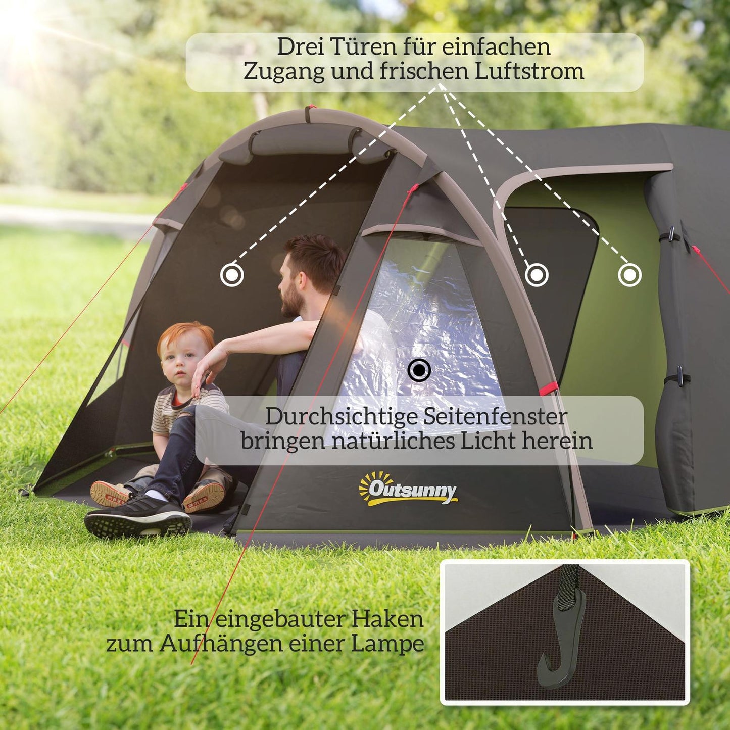 4-Person Tunnel Tent, Waterproof, UV 50+, Dual Doors