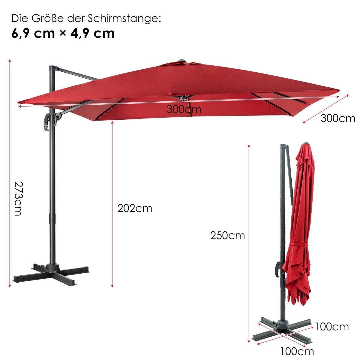 Umbrella with 3 tilt settings for gardens, terraces, cafes, 300 x 300 x 273 cm, wine red