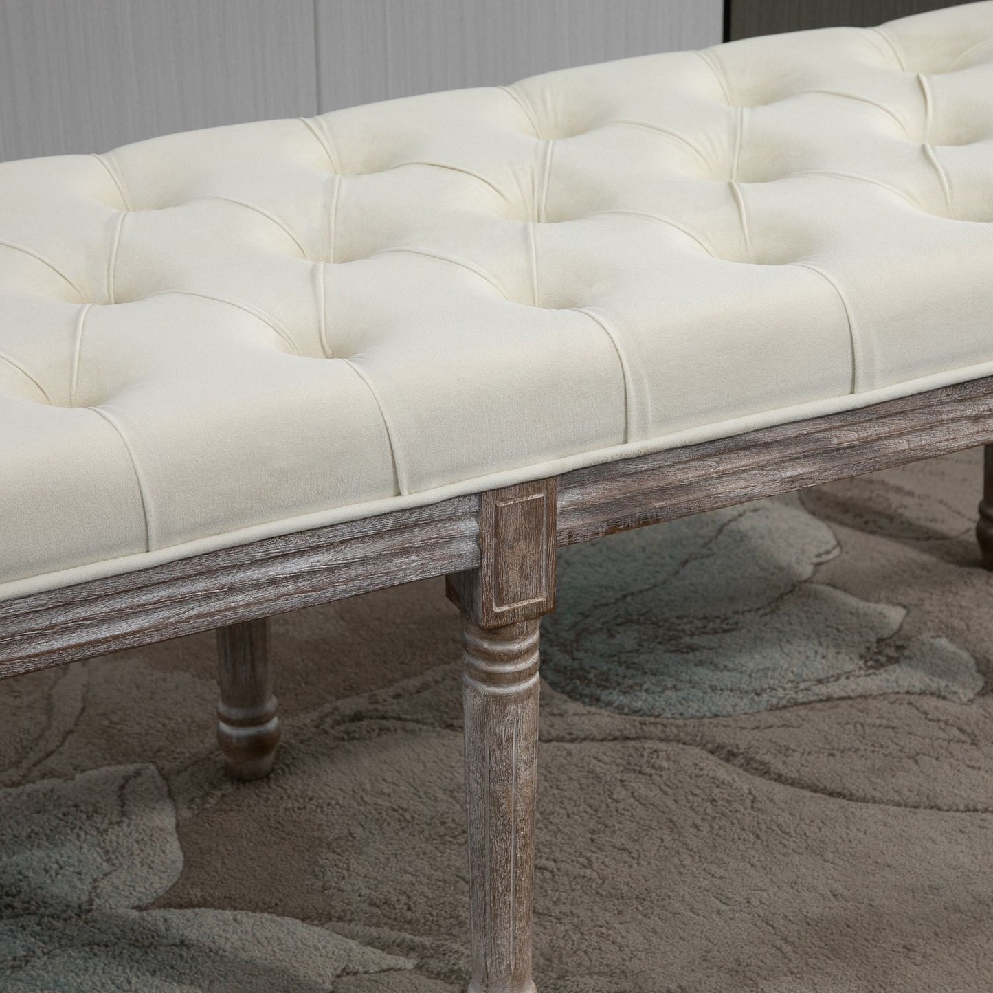 Beige vintage upholstered bench, velvet smooth, 142x47x51 Cm