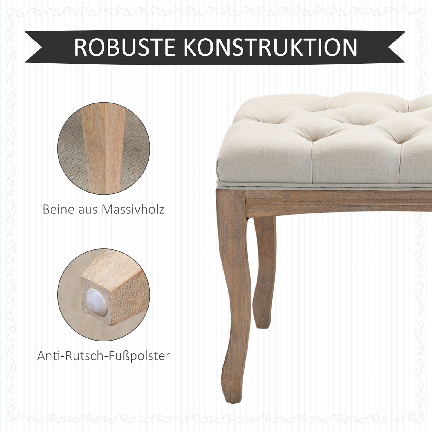 Beige upholstered rubber wood bench - vintage style, 110x40x48Cm