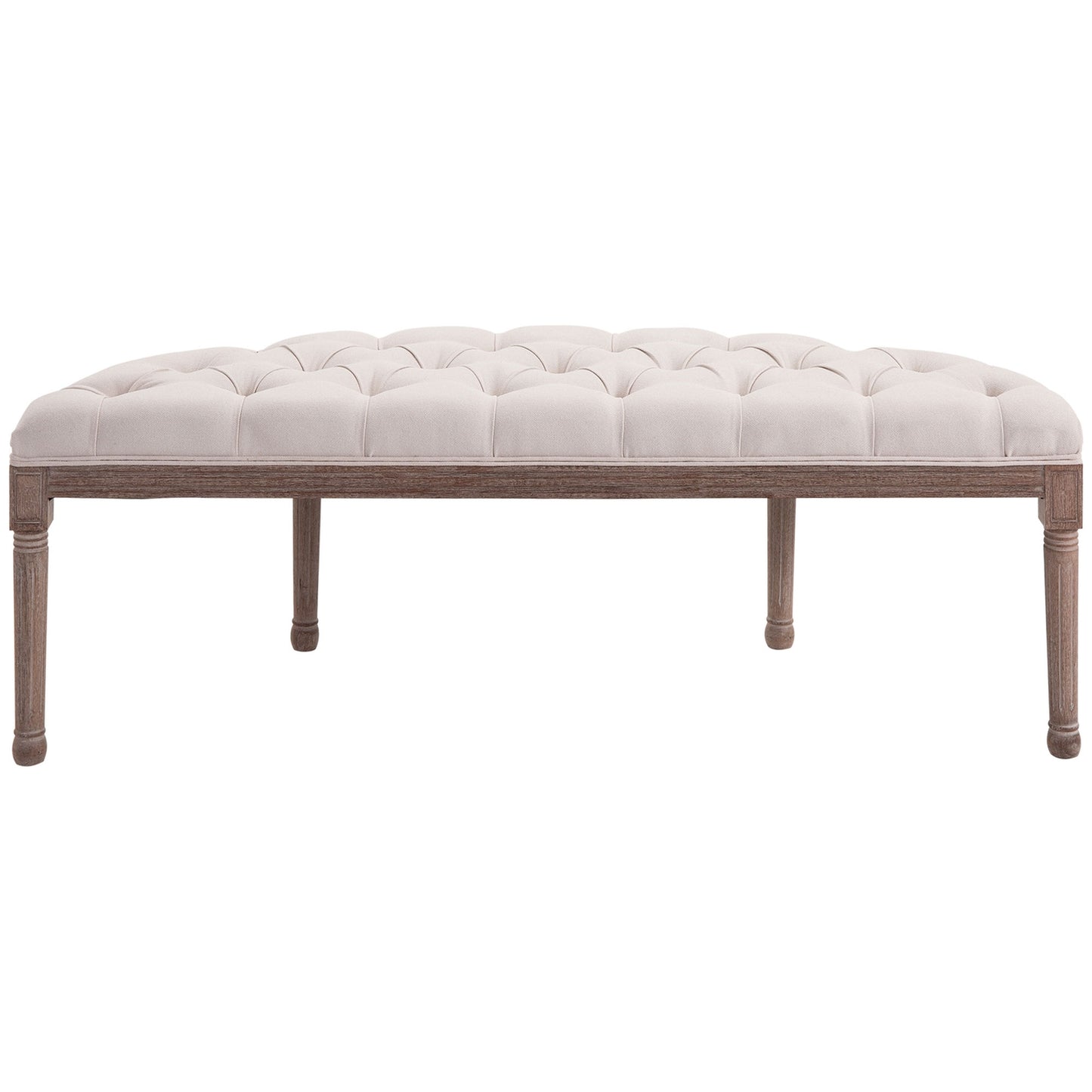 Vintage beige upholstered bench, linen & wood, 140.5 cm