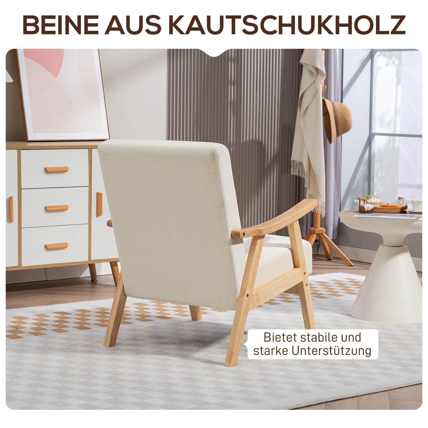 Upholstered armchair, foam filling, rubberwood frame, cream white