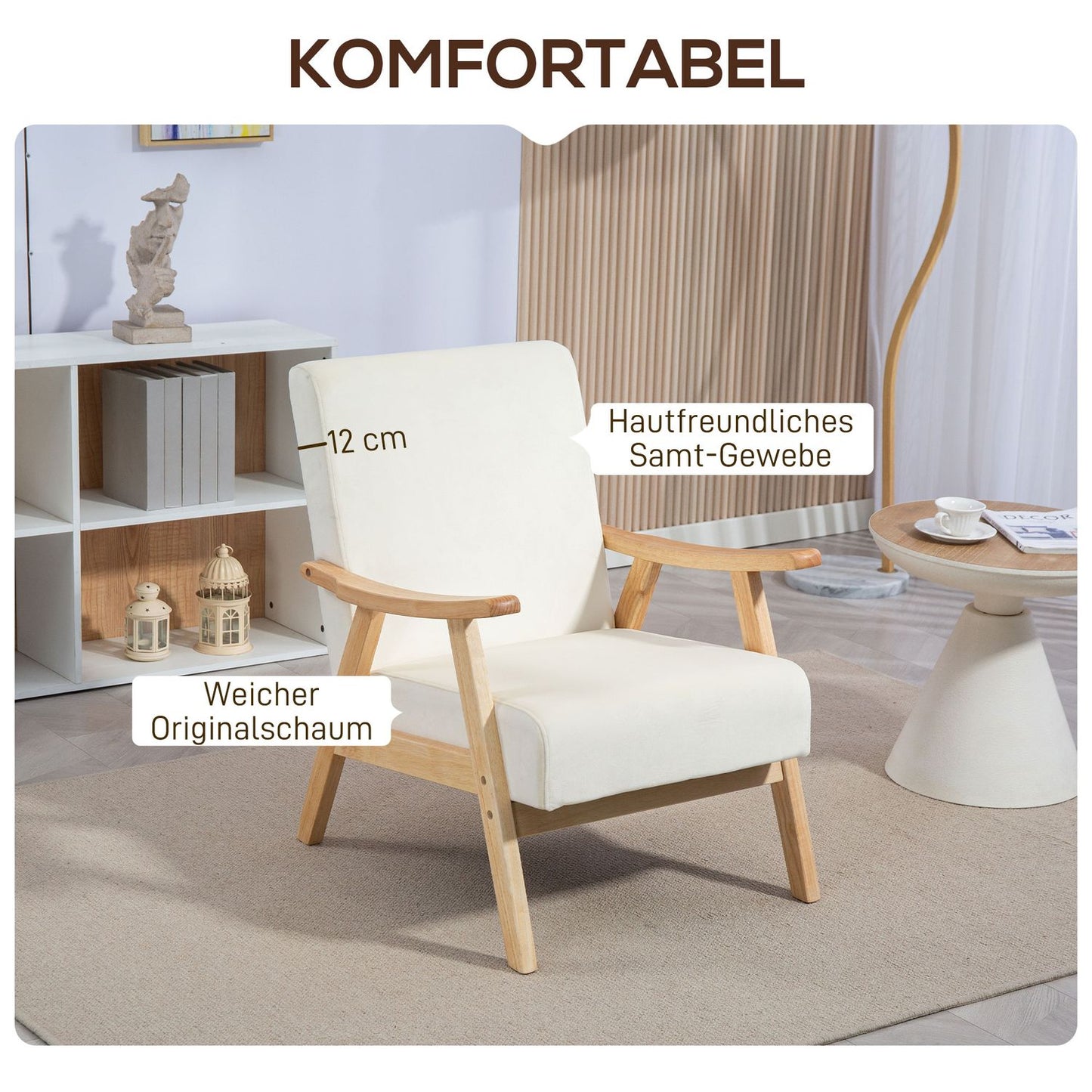 Upholstered armchair, foam filling, rubberwood frame, cream white