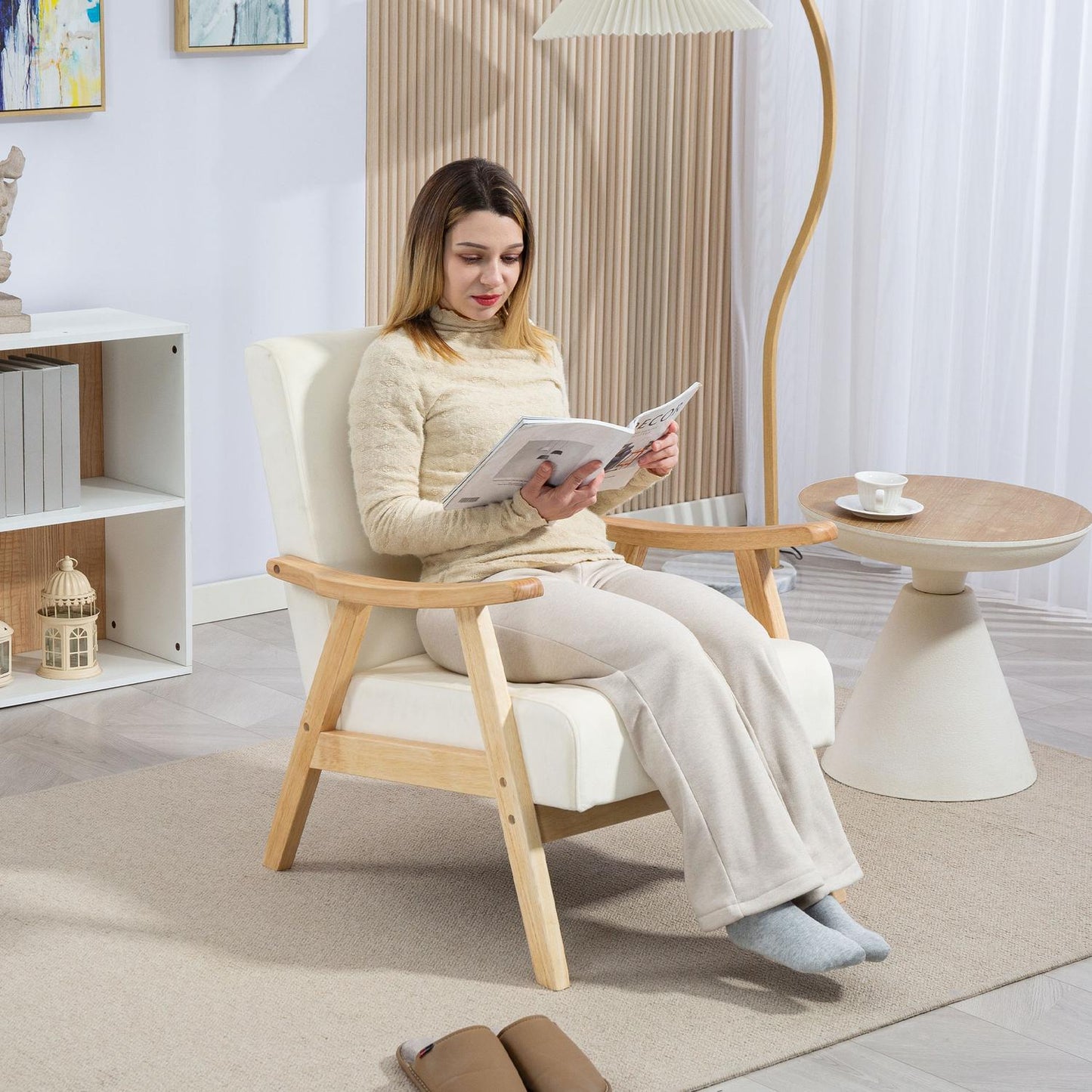 Upholstered armchair, foam filling, rubberwood frame, cream white