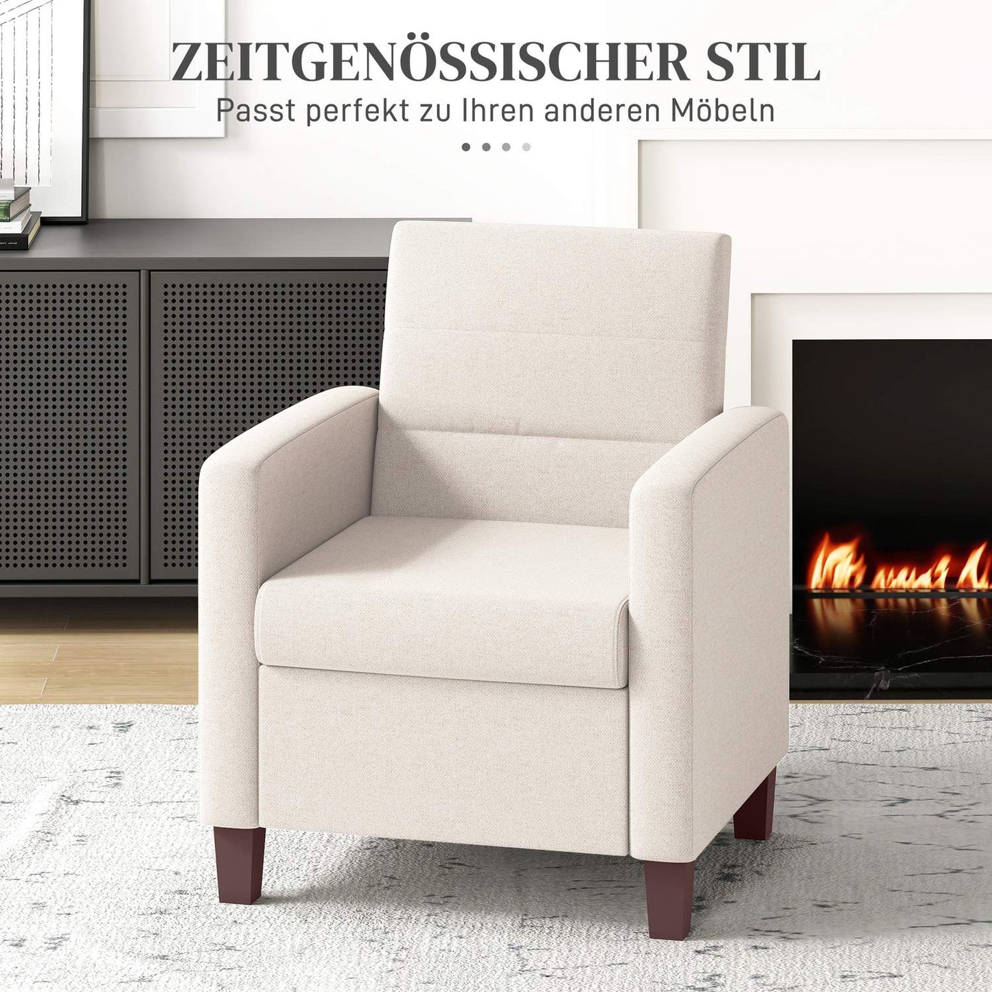 Upholstered armchair in linen look, foam, seat cushion, wooden frame, cream white