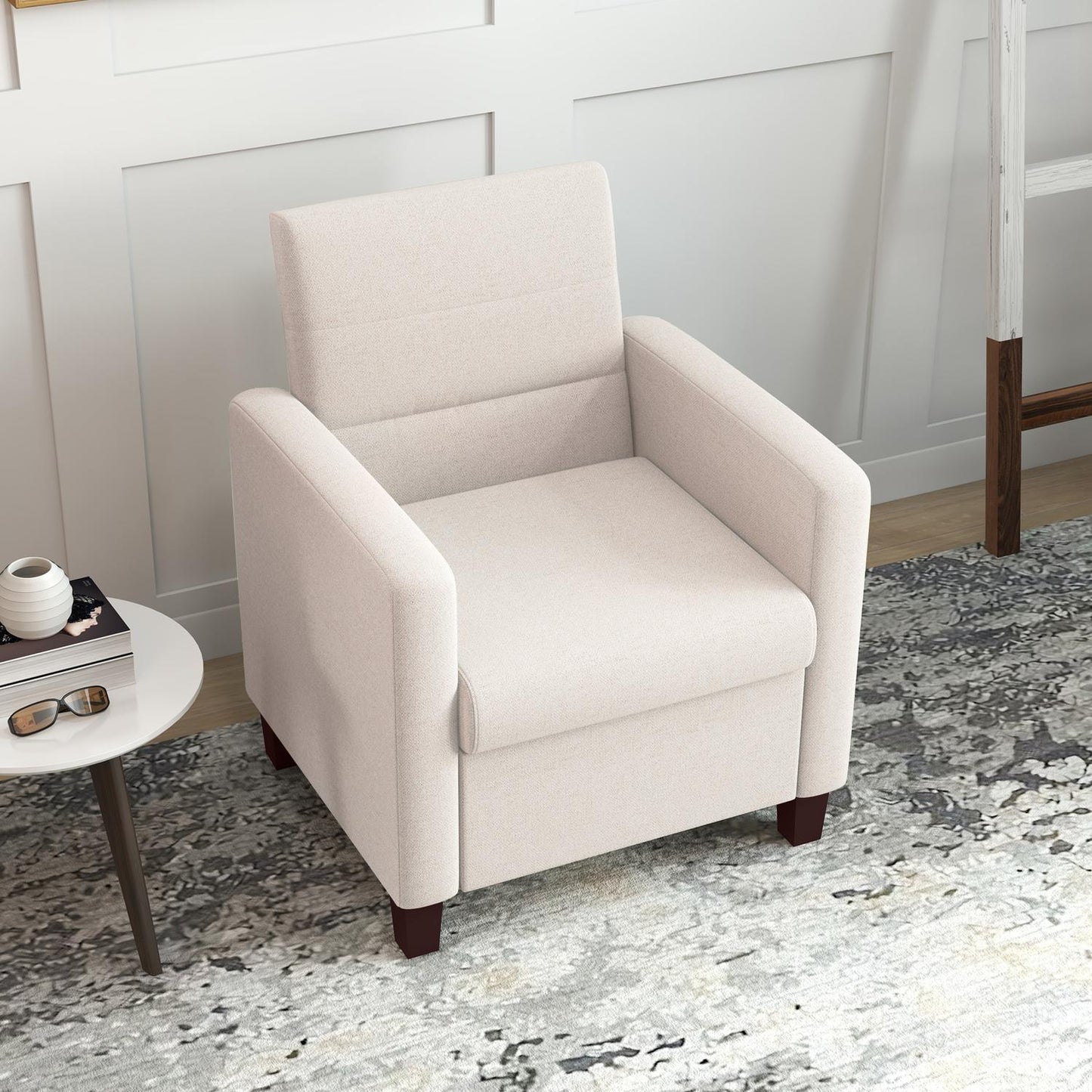 Upholstered armchair in linen look, foam, seat cushion, wooden frame, cream white