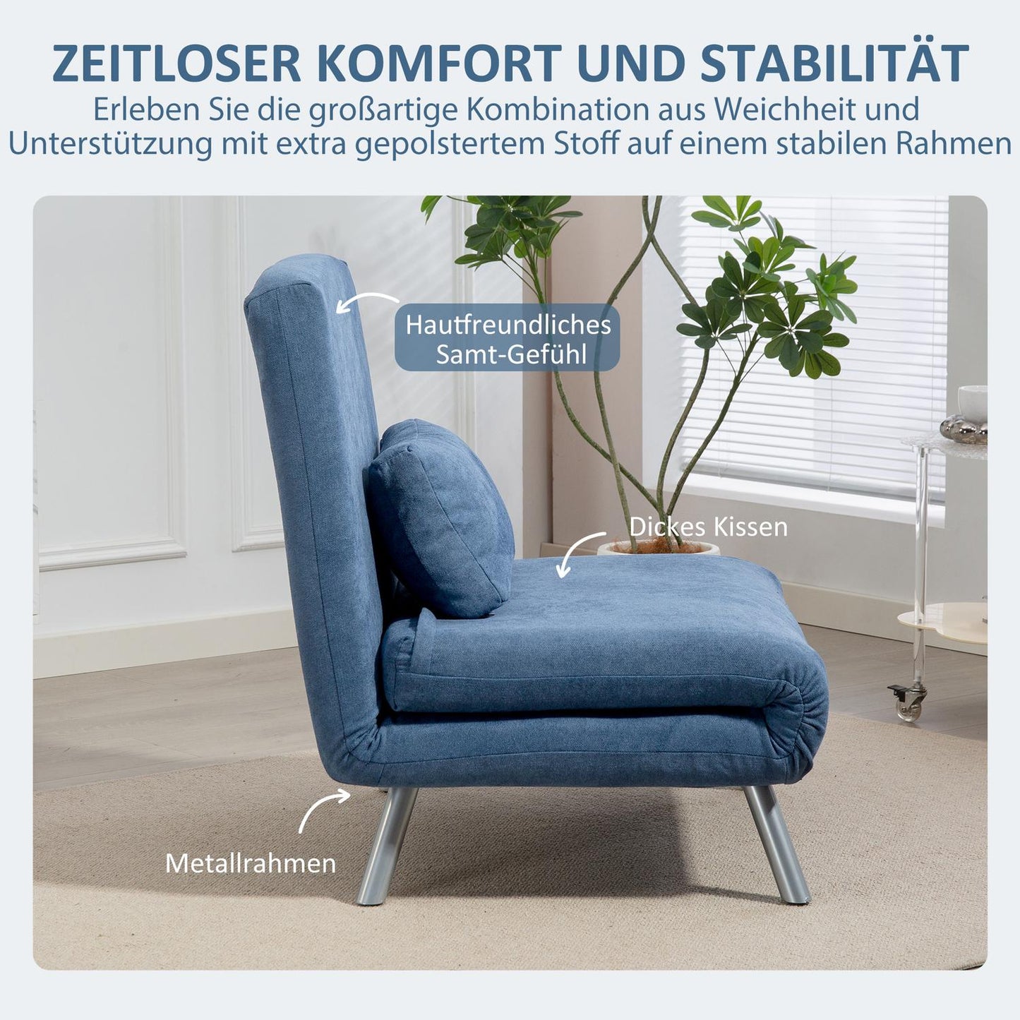 Sleeper Armchair with Bed Function, Blue Velvet Cover