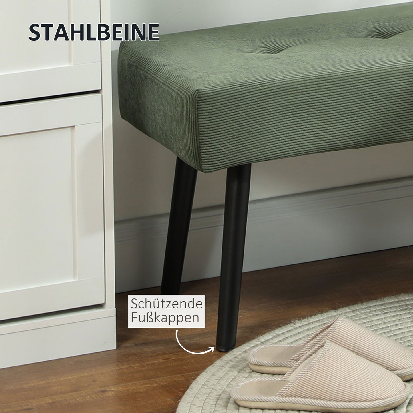 Upholstered bench with corduroy cover, bed bench with metal legs, shoe bench 100 x 36 x 45 cm Green