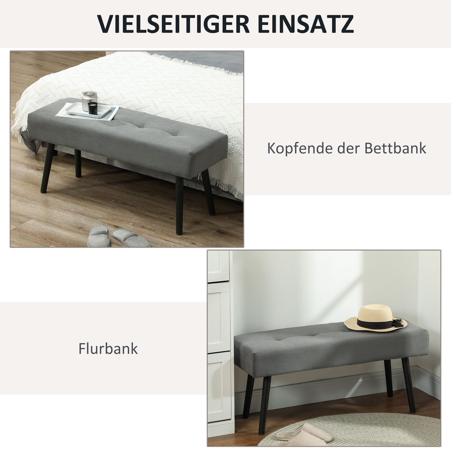 Corduroy Upholstered Bench, 100x36x45 cm, Grey
