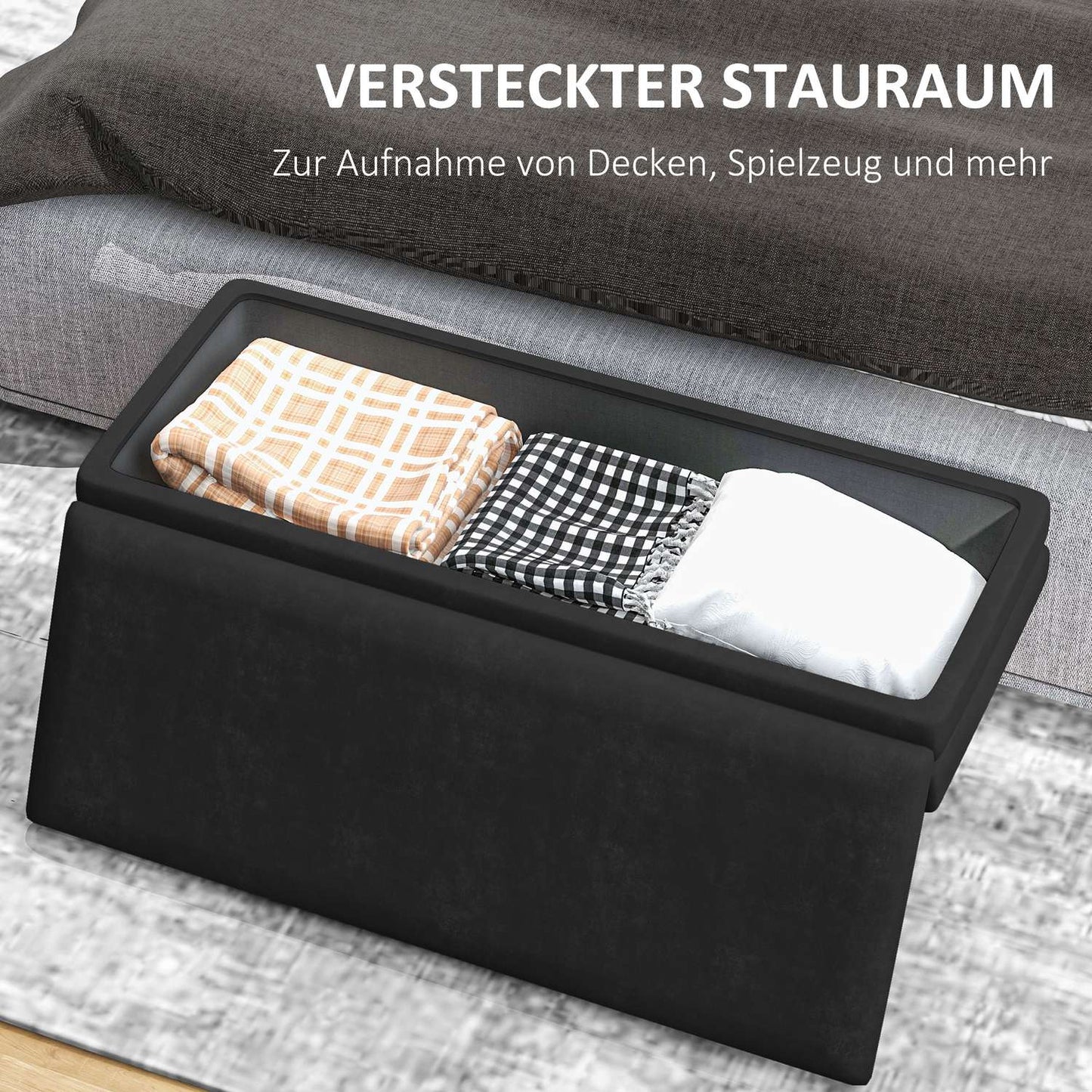 Black Upholstered Storage Bench, Steel, 100x37.5x42 cm