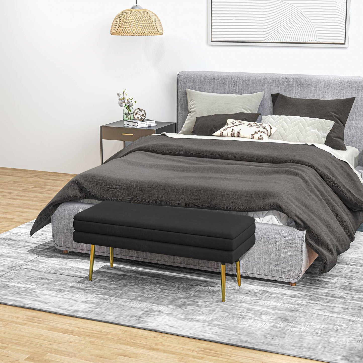 Black Upholstered Storage Bench, Steel, 100x37.5x42 cm
