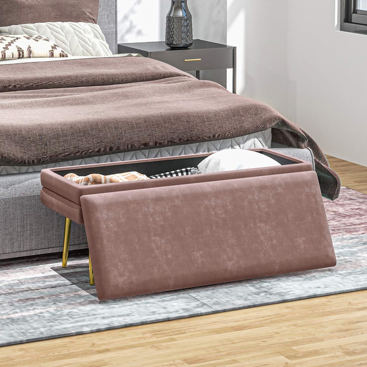 Upholstered bench with storage space, steel, 100 x 37.5 x 42 cm, pink