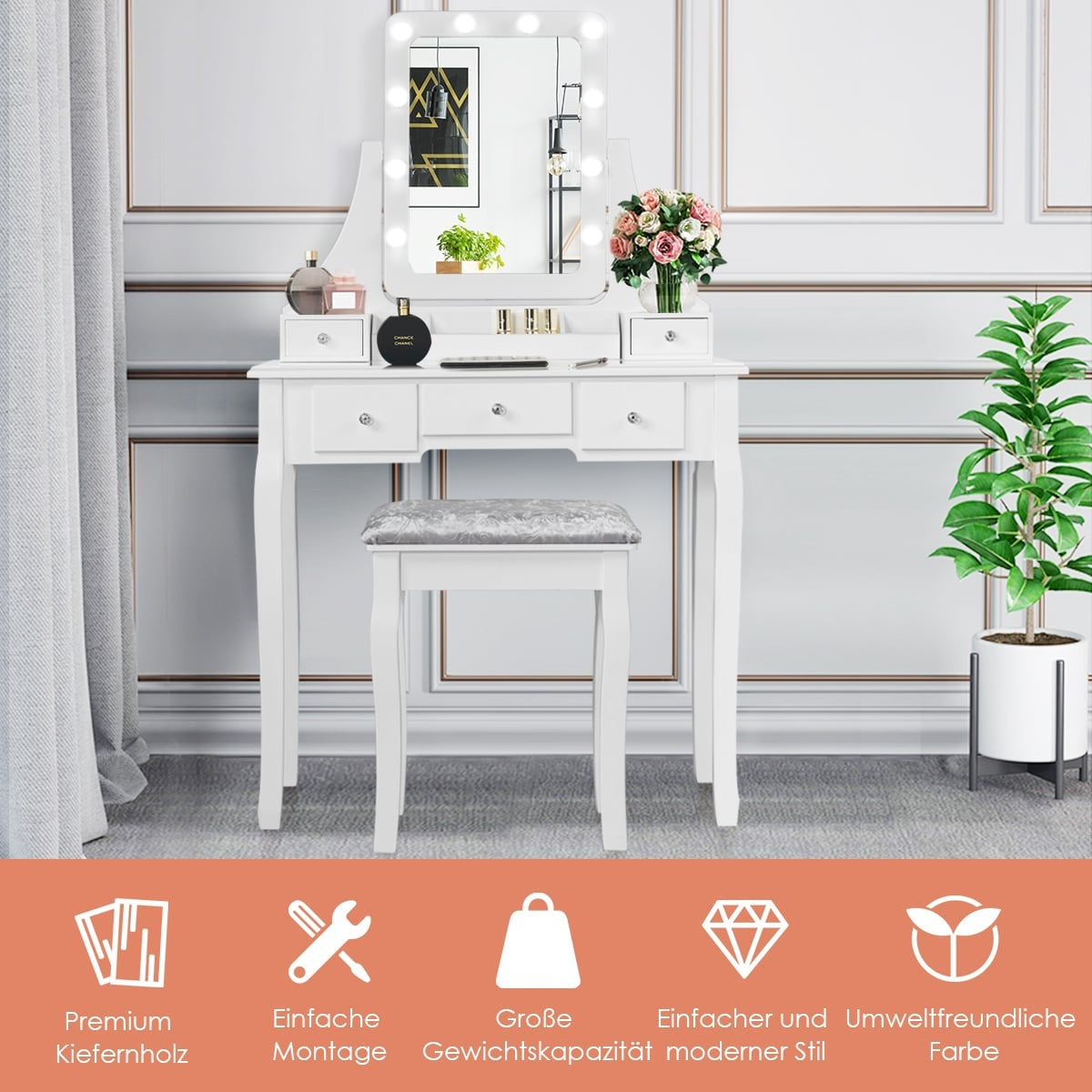 Vanity Set with LED Mirror and Stool, White, 80x40x135.5 cm