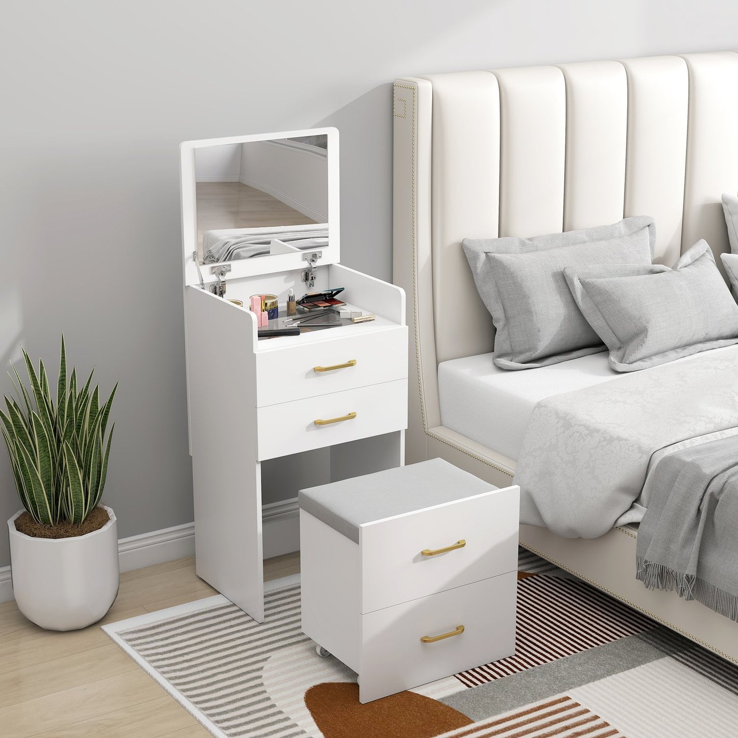 Vanity Table Set with Mirror, Nightstand, Stool, White